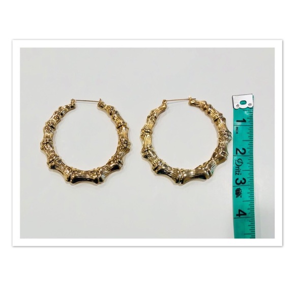 Gold Tone Large Bamboo Earrings - Picture 3 of 4